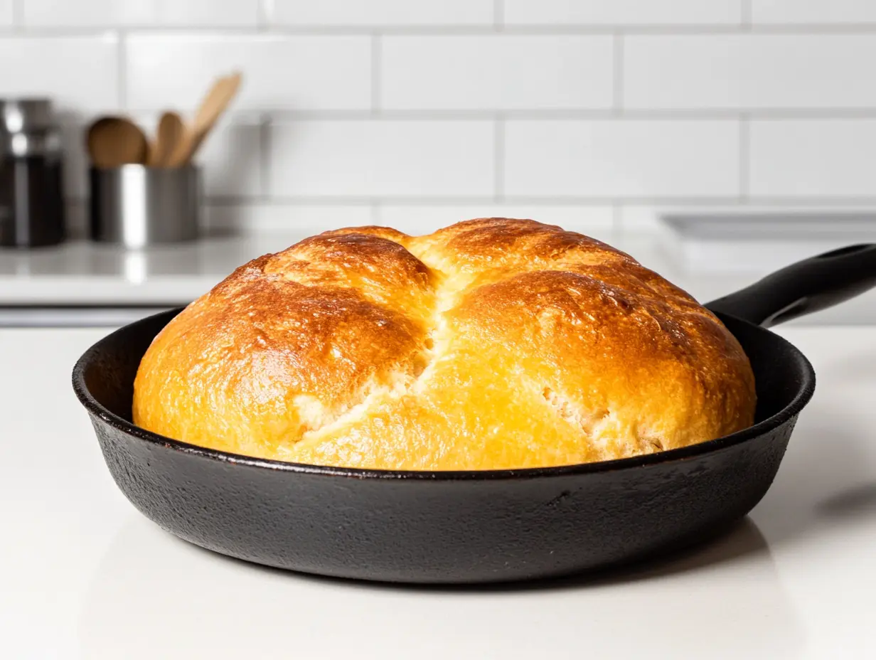 Pan de Maicena dorado en una sartén negra sobre un mostrador de cocina blanco.